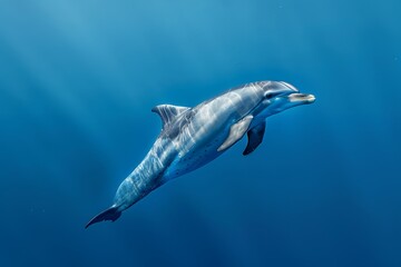 Dolphin swimming in the blue water, real photo. A dolphin swims underwater against the background of clear blue sea water. The body is covered with mottled patterns and light skin. Full-length portrai