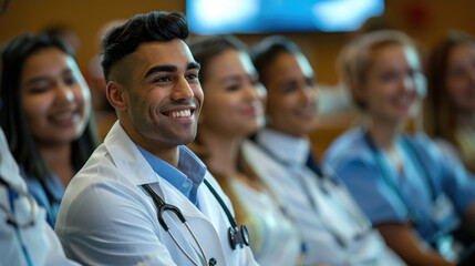 A smiling male doctor wearing a white coat and stethoscope sitting in front of other doctors, with students taking notes behind him in a university lecture hall.