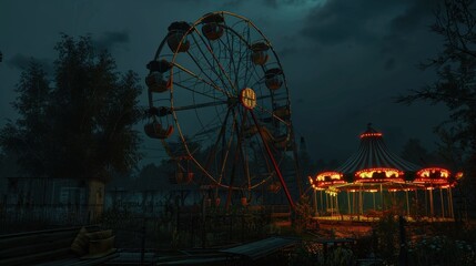 Old carnival with a ferris wheel on a cloudy night. 3D rendering