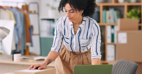 Online, order and package check with laptop, small business and woman with shipping box. Sale,...