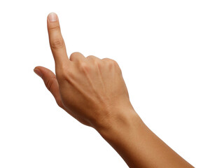 A human hand with an extended index finger pointing forward, commonly used to indicate direction or make a selection.
