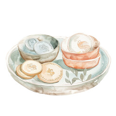 Watercolor Illustration of Coins and Bowls on a Tray for Financial and Savings Concept