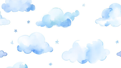 seamlesss pattern with cartoon clouds watercolor hand drawn illustration