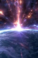a stunning cinematic establishing shot from the orbit of earth as a civilization ending electrified cosmic environment unfolds of high energy electrical events caused by plasma and electromagnetism, c