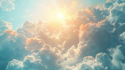 Fototapeta premium Fluffy Clouds in Sunny Day, Sunbeams Shining Through, Embodying Peace, Environmental Protection's Sustainable Concept, Graphic Resources, Wallpapers, Brochure, Websites, banner design, Advertising, 