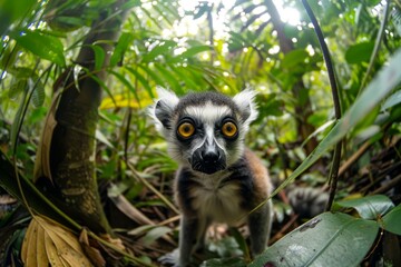 Fototapeta premium Fish-eye Lens Effect of a Lemur with Its Eyes Wide - In a dense tropical forest with lush foliage 