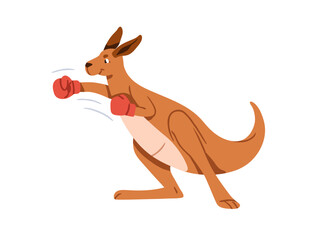 Boxing kangaroo in box gloves. Cute Australian mammal in fighting pose. Funny active animal, sport exercise. Anthropomorphic athlete character. Flat vector illustration isolated on white background