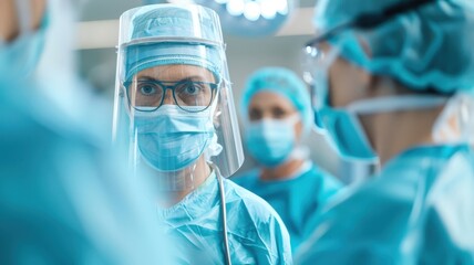 A scrub nurse assists a surgeon during a complex operation.