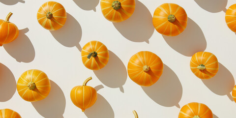 Fototapeta premium A background of butternut squash, each with its shadow, scattered across the canvas in an elegant display, with soft shadows on a white background