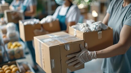 Volunteers pack boxes of food and supplies for disaster relief.