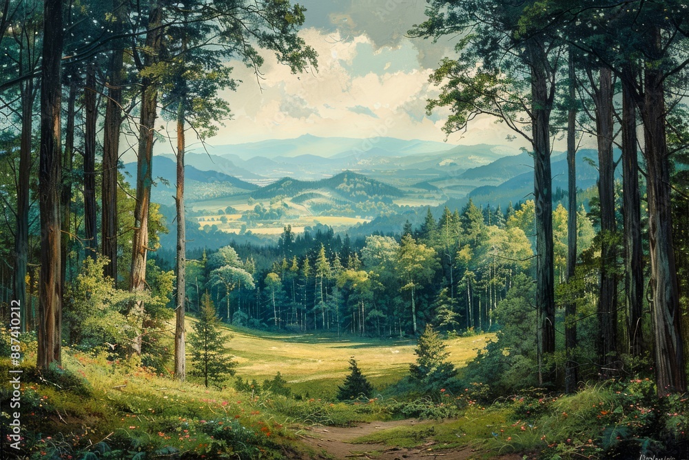 Poster forest edge with a panoramic view of rolling hills and distant mountains, framed by tall trees and v