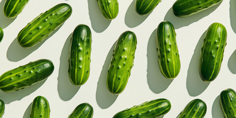 A background of cucumbers, each with its shadow, scattered across the canvas in an elegant display, with soft shadows on a white background