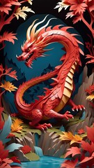 Obraz premium A mesmerizing paper-cut animation of the red dragon comes to life on the screen