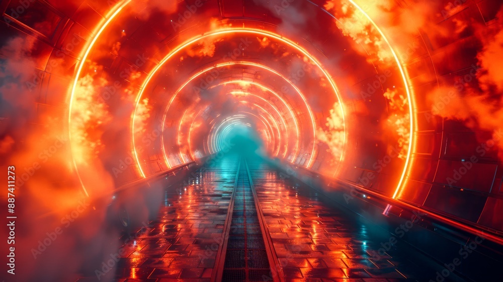 Wall mural Glowing neon tunnel in bright orange and teal, filled with swirling fog and scattered glowing clouds 