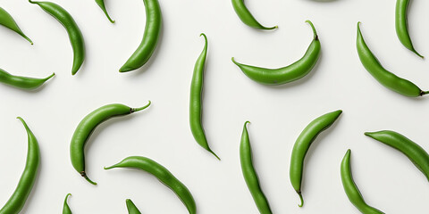 A background of green beans, each with its shadow, scattered across the canvas in an elegant display, with soft shadows on a white background