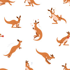 Seamless pattern, cute kangaroo characters. Happy funny adorable Australian animals, endless background. Australia marsupials, childish design, repeating print for fabric. Flat vector illustration