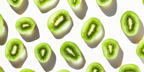 Fototapeta premium A background of kiwi slices, each with its shadow, scattered across the canvas in an elegant display, with soft shadows on a white background