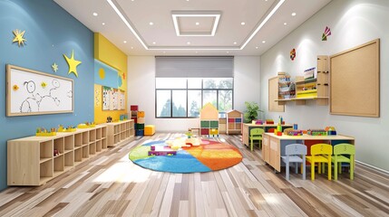 Preschool classroom with learning centers, small desks, and cheerful wall decorations