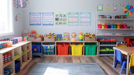 Organized preschool space with math games, counting toys, and numeracy posters
