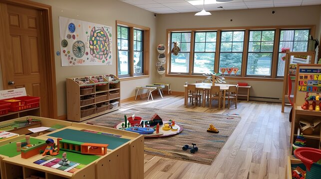 Preschool classroom with sensory table, tactile toys, and quiet reading nook