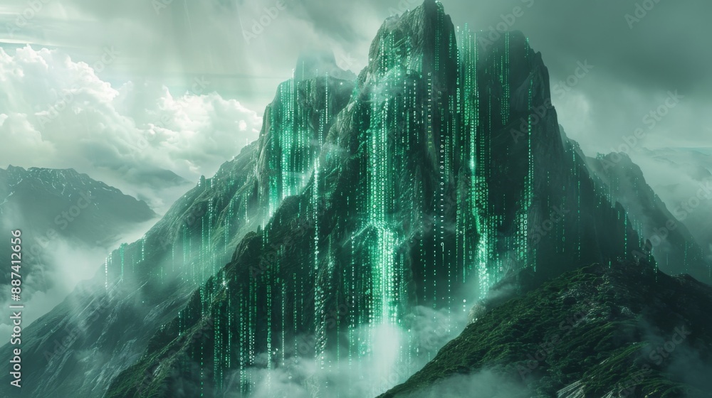 Poster matrix-inspired abstract mountain with cascading green code and floating holographic peaks