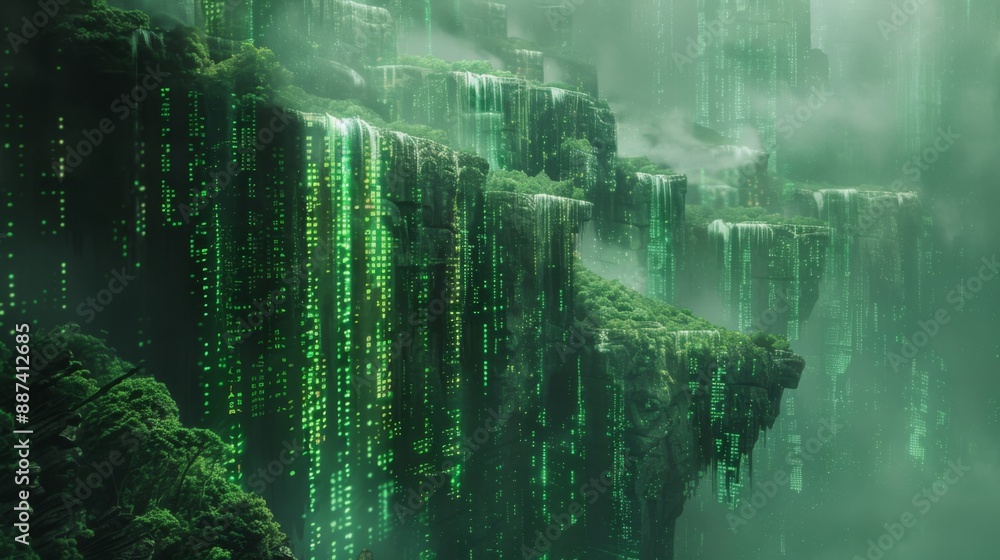 Poster matrix-inspired abstract canyon with cascading green code and floating holographic rocks
