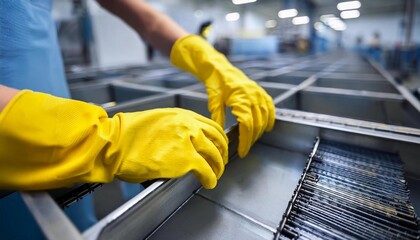 Fototapeta premium worker hands wearing yellow nitrile safety gloves in factory labor workplace protection closeup view