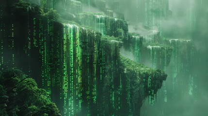 Matrix-inspired abstract canyon with cascading green code and floating holographic rocks 