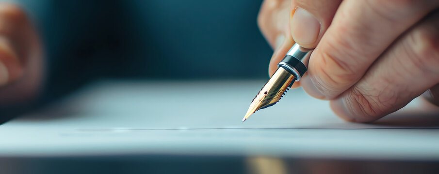 Hand with pen, signing a contract, business context, dark background,