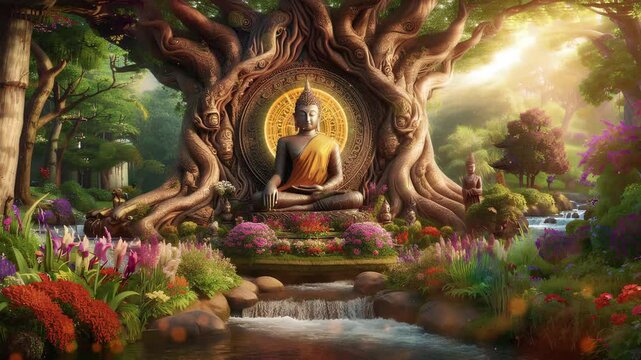 
Buddha statue under the bodhi tree, decorated with flowers, nature, stream, greenery, forest, beauty, meditation, 