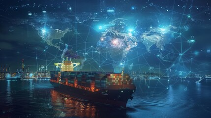 Global logistics and AI cargo ship technology: an international delivery concept with a world map of logistics and supply chain networks. Container ships run for export and import to ocean customs. 