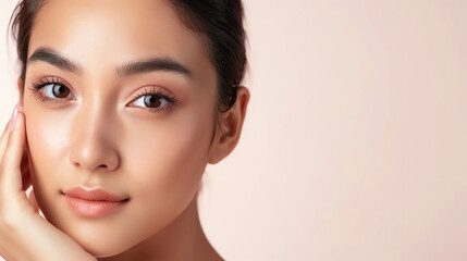 Fototapeta premium Portrait of a serene woman with flawless skin, closed eyes, and a gentle smile, set against a soft pink background.