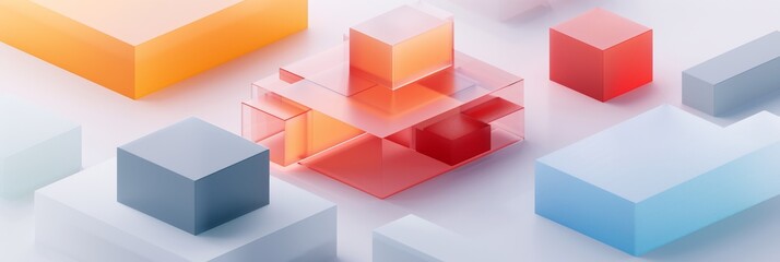 Obraz premium Abstract Futuristic 3D Render Minimalistic Style with Floating Geometric Shapes Isometric Design, Light Color Theme, Bright Background, and Soft Lighting