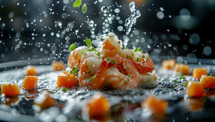 Gourmet dish of succulent shrimp with water droplets artistically captured in motion