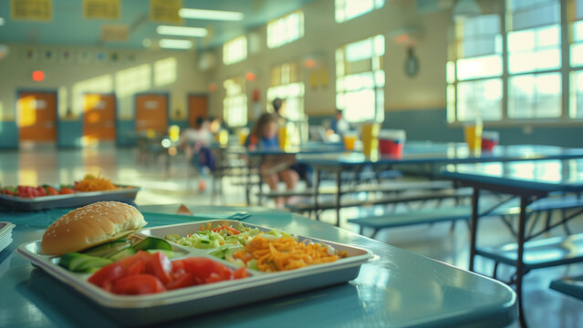 Lunch tray with meal on table in school cafeteria