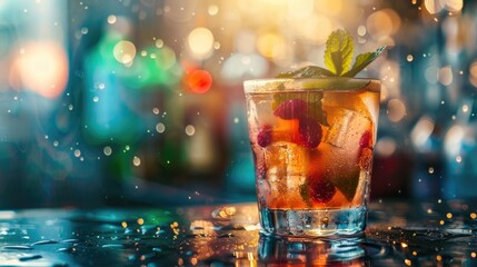 Summer cocktail with alcohol and ice in cafe or bar setting for menu or bartender recipe