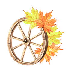 Fototapeta premium Maple leaves on the cart wooden wheel. Golden autumn foliage. Rustic vintage composition of farm decor. Hand drawn watercolor illustration isolated. Fall clipart for sticker, card, Thanksgiving print.