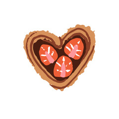 Danish pastry with strawberry. Fresh baked flaky bun with berries filling. Puff dessert with heart shape for breakfast. Bakery icon. Flat isolated hand drawn vector illustration on white background