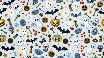 Seamless vector pattern with cute ghosts, colorful pumpkins, stars, moons, and candies. Vector Halloween texture on a black background