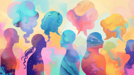 Abstract silhouettes of people with colorful speech bubbles in a vibrant background..