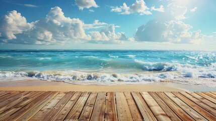 Fototapeta premium Tropical summer concept background featuring wooden floor sea waves and sky sand