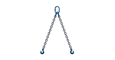 Two-leg chain; double leg chain sling; safe lifting equipment; Oblong and grab hook arrangement
