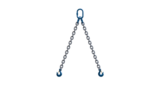 Two-leg chain; double leg chain sling; safe lifting equipment; Oblong and grab hook arrangement