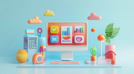 Fototapeta premium Abstract Futuristic 3D Render Minimalistic Style with Floating Geometric Shapes - Isometric Design, Light Color Theme, Bright Background, and Soft Lighting