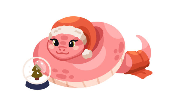 Cute kawaii snake in Santa hat. Chinese New Year symbol. Baby animal, CNY mascot dreaming, lying and looking at Christmas glass ball. Kids flat vector illustration isolated on white background