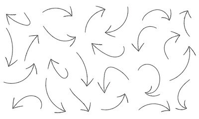 Set of black hand drawn grunge doodle spiral and curved charcoal, chalk arrows on white background. Scribble symbols of direction pointers, swirl arrow elements for infographic design in eps 10.