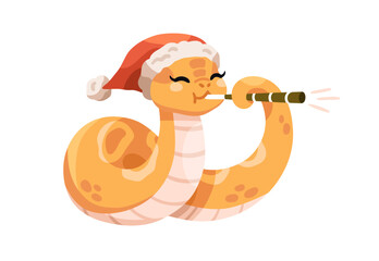 Cute happy snake with flute, playing music for Chinese New Year celebration. 2025 CNY animal symbol, mascot in Santa hat. Funny kids flat cartoon vector illustration isolated on white background