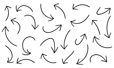 Set of black hand drawn grunge doodle spiral and curved charcoal, chalk arrows on white background. Scribble symbols of direction pointers, swirl arrow elements for infographic design in eps 10.