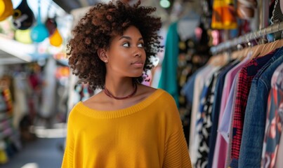 Obraz premium Confident and Fashion-Forward African American Woman in a Vibrant Market Setting, Abstract AI-Generated High-Definition Background