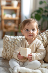 Sweet little baby having fun with educational cubes on the carpet.